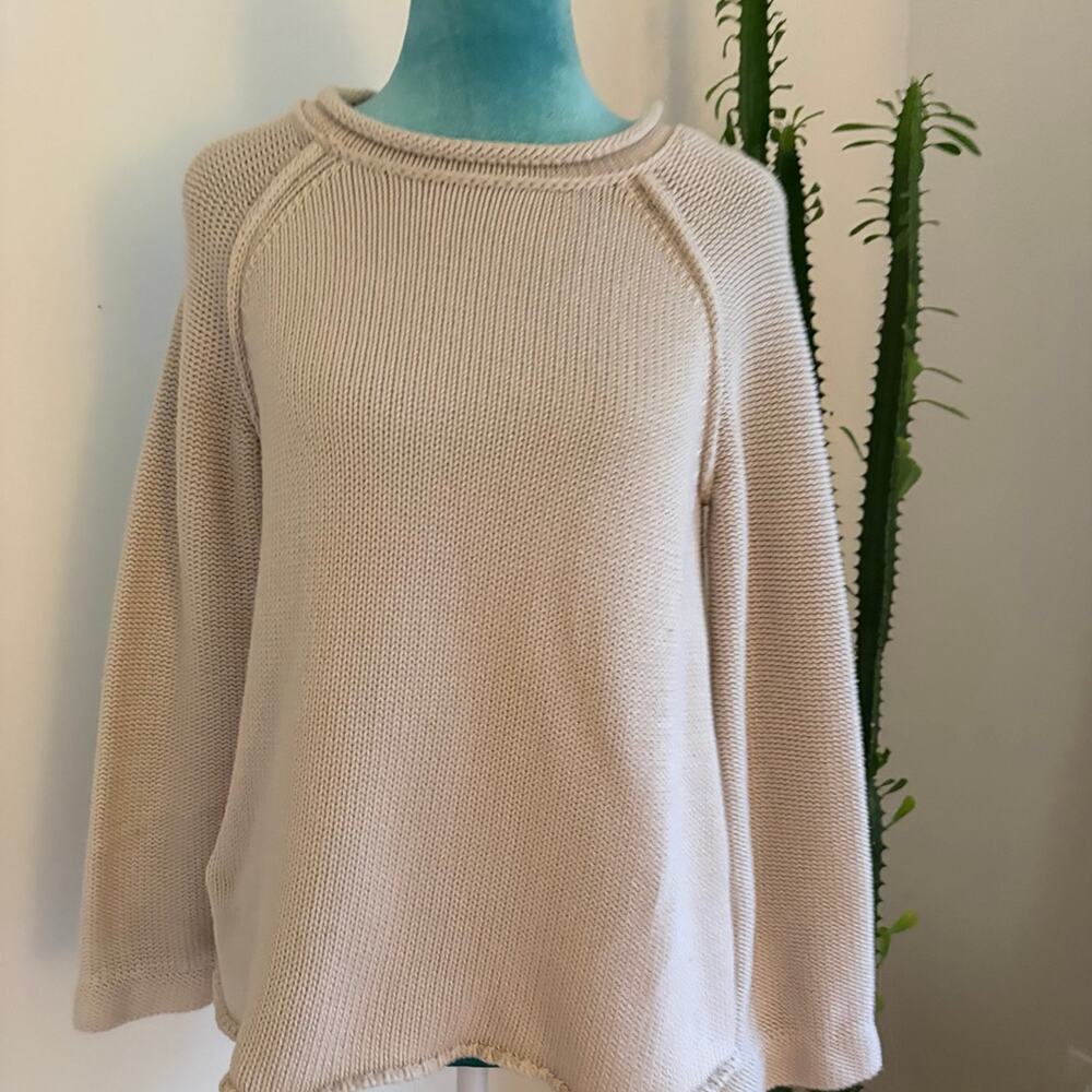 Cream Raglan Chunky Knit Sweater Rolled Hem Coastal Grandma Minimalist S